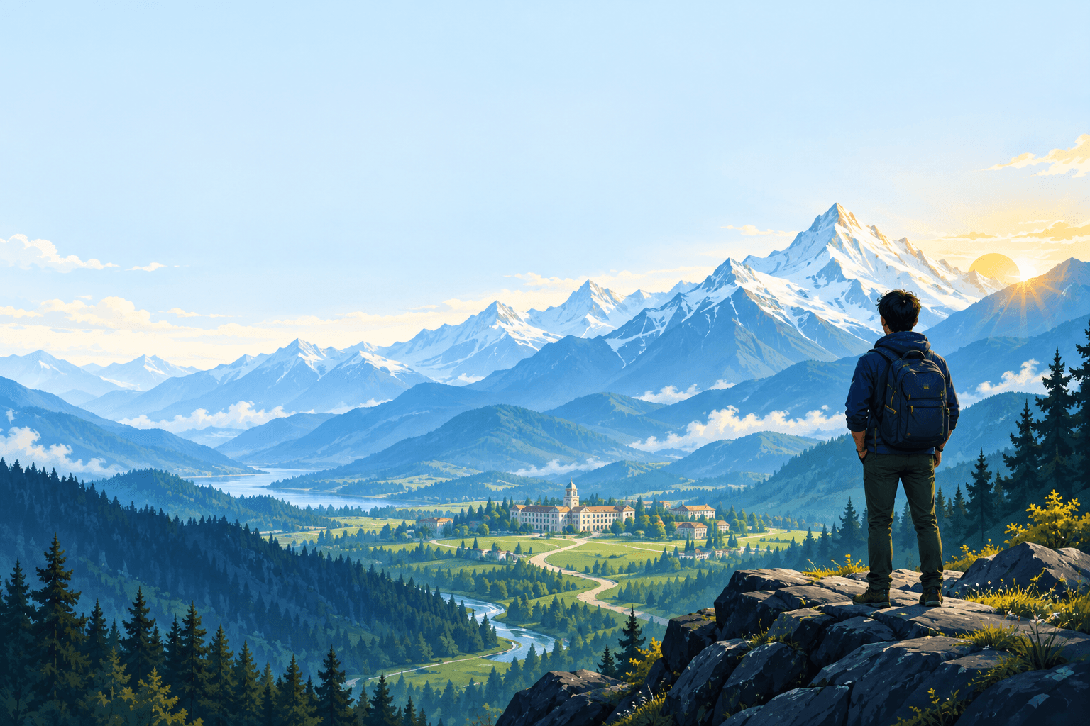 A learner looking toward mountain peaks and a university in the valley