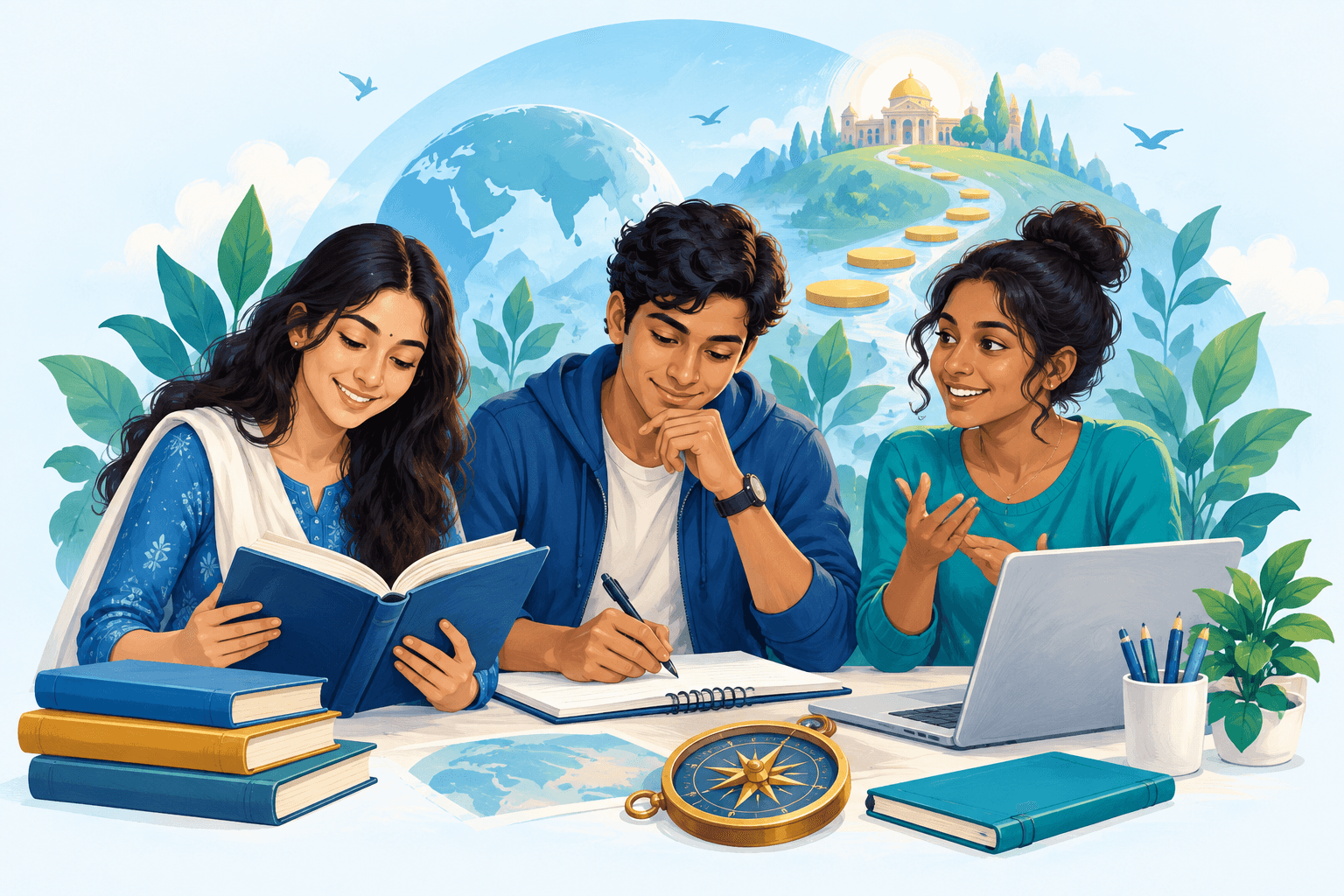 Three learners reading, writing and sharing ideas, surrounded by books and a compass for discovery.
